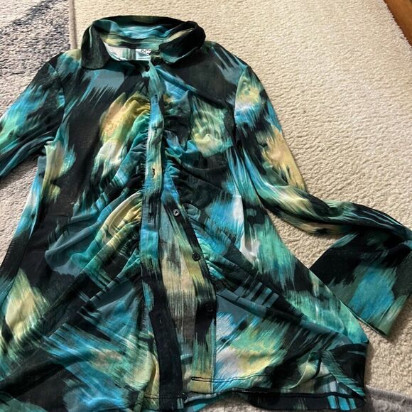 WOMENS LONG SLEEVE TOP BUTTON UP RUCHED TIE DYE SEMI SHEER FUTURE COLLECTIVE M - Picture 8 of 10